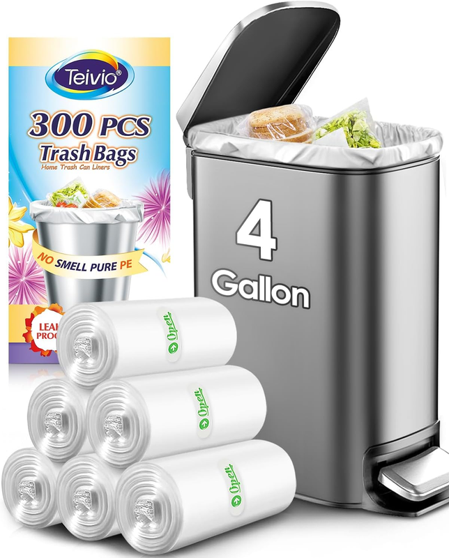 Teivio Small Clear Trash Bags 4 Gallon 300 Count Bathroom Garbage Bags