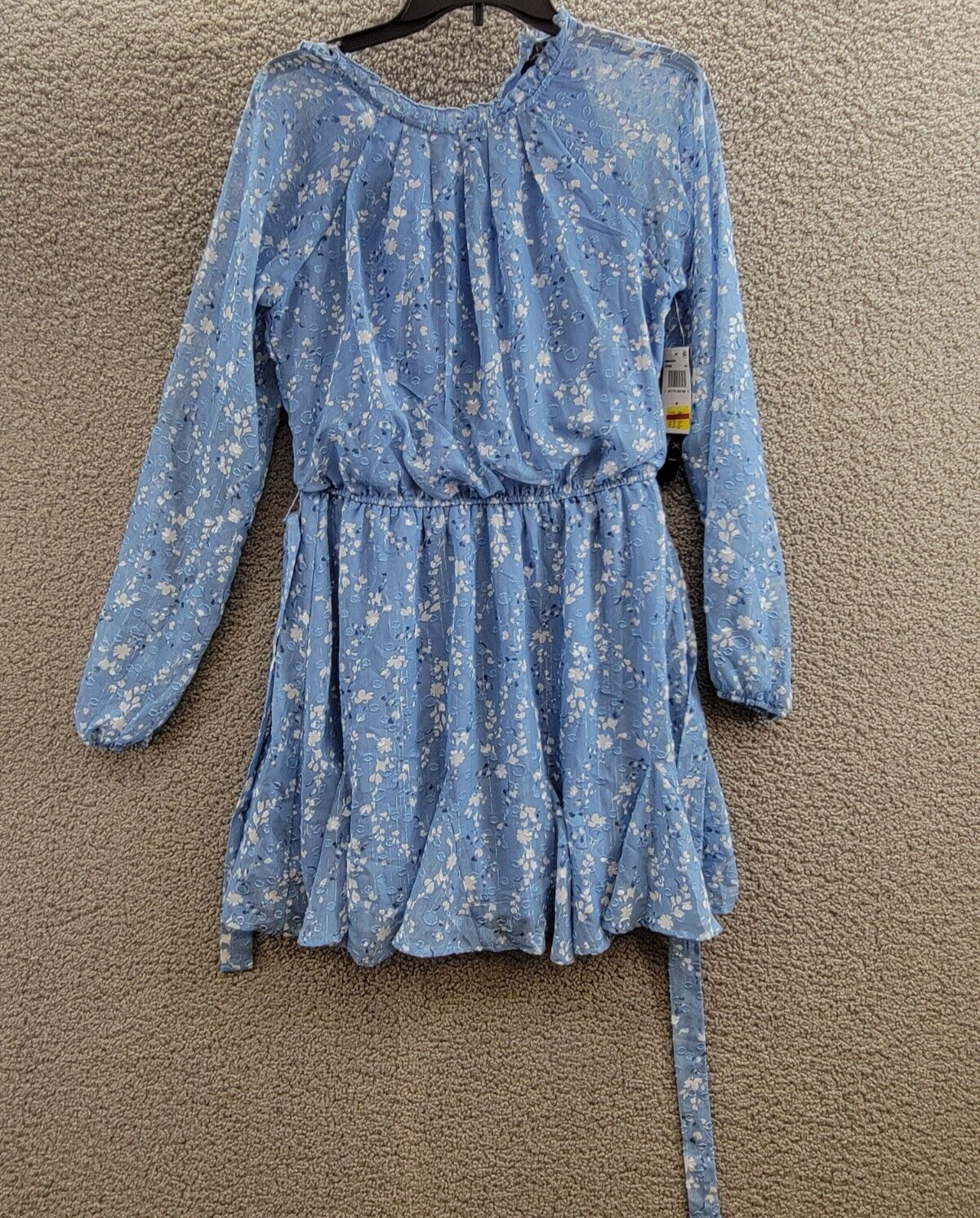 Trixxi Long-Sleeve Tied-Waist Dress Juniors' M Blue/Ivory Tie Waist Back Button - Picture 2 of 17