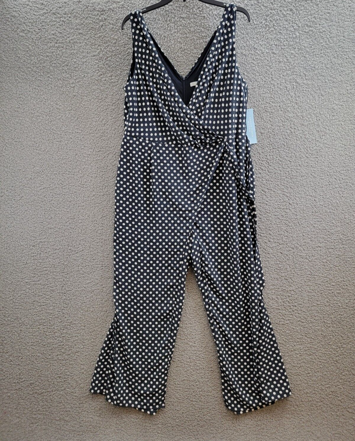 London Times Plus Polka-Dot Crepe Jumpsuit Women's 16W Navy/White Surplice Neck - Picture 2 of 17