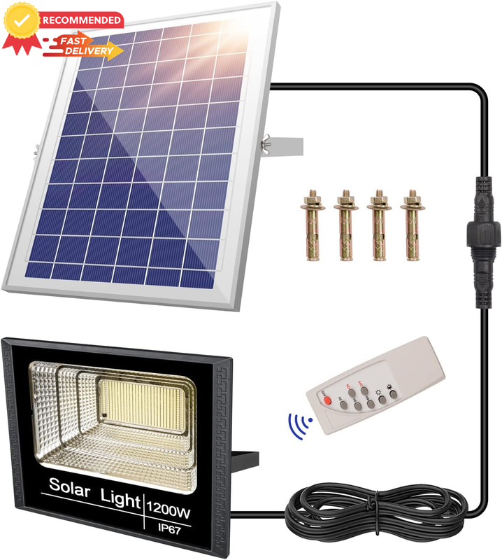 Solar Wall Lights, 10000 Lumens, IP67, Remote Control, 5 Modes, Dimmable 6500K