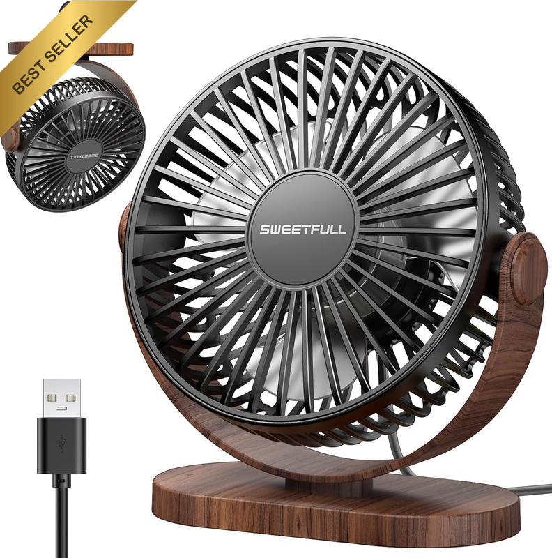 USB Desk Fan Small Quiet 3 Speed 360° Adjustable Personal Wood Pattern