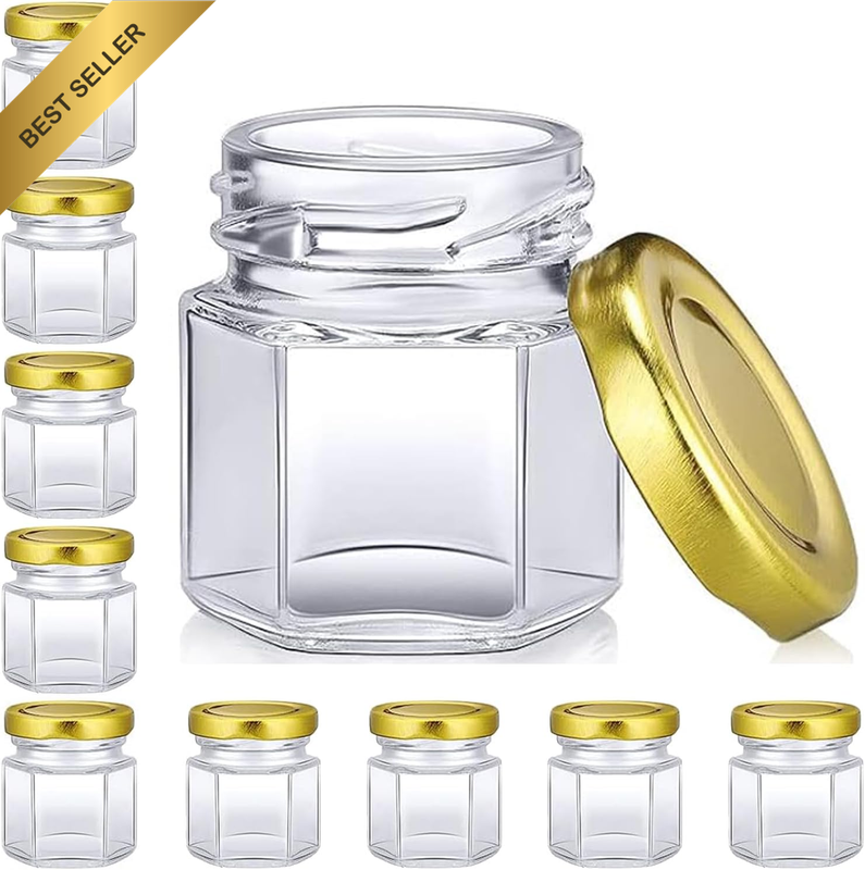 10PCS Hexagon Glass Honey Jars, 1.5Oz/45Ml Mini Glass Jars with Lids, Mini Candy