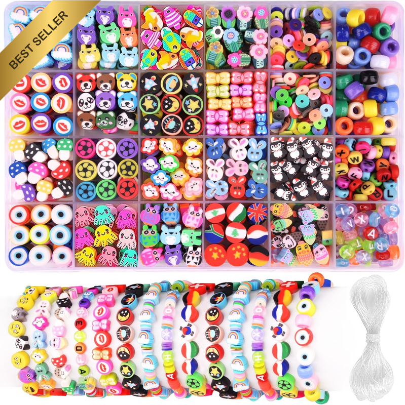 1000PCS Polymer Clay Beads Bracelet Making Kit, 24 Style Cute Fun Beads Flower A
