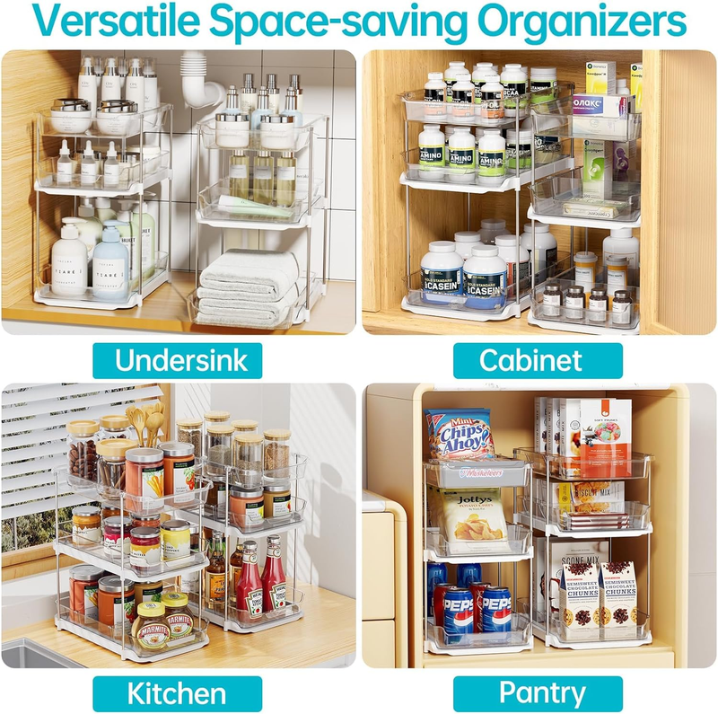 2 Sets of 3-Tier Stackable Bathroom and Kitchen Organizers with Movable Dividers