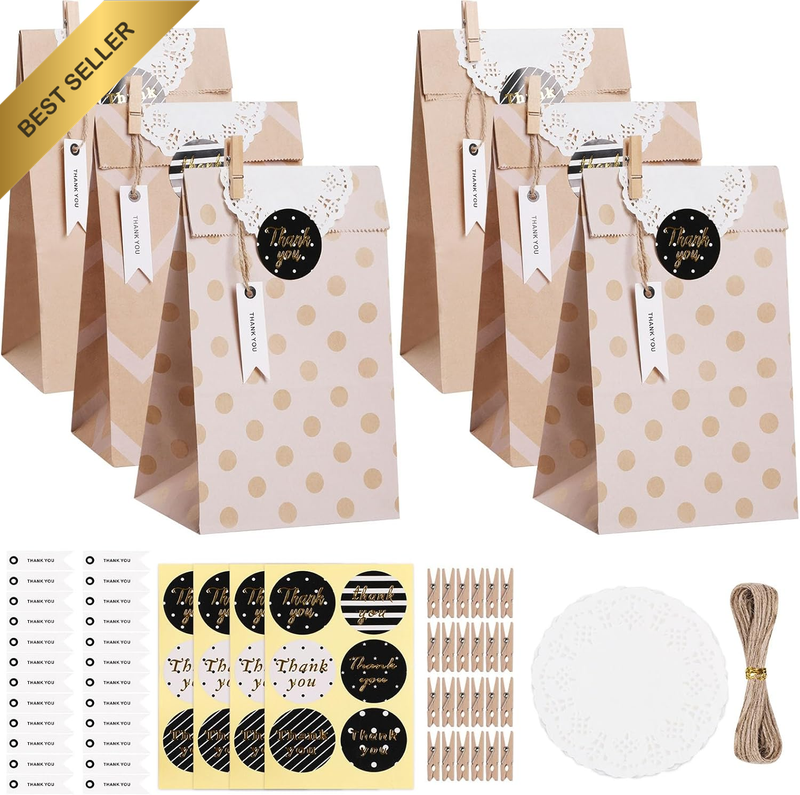24 PCS Party Bags, Paper Gift Bags Kraft Paper Bags with DIY THANK YOU Stickers