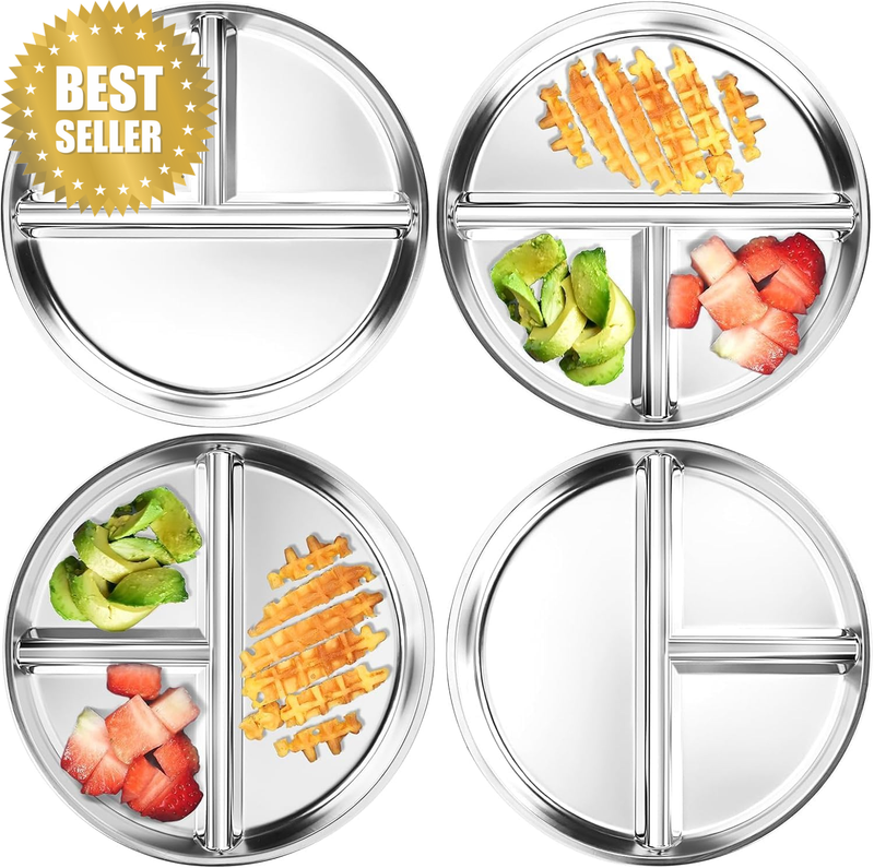 Stainless Steel Kids Plates 4 Packs, 9" Divided Toddlers Portion Control Plate,