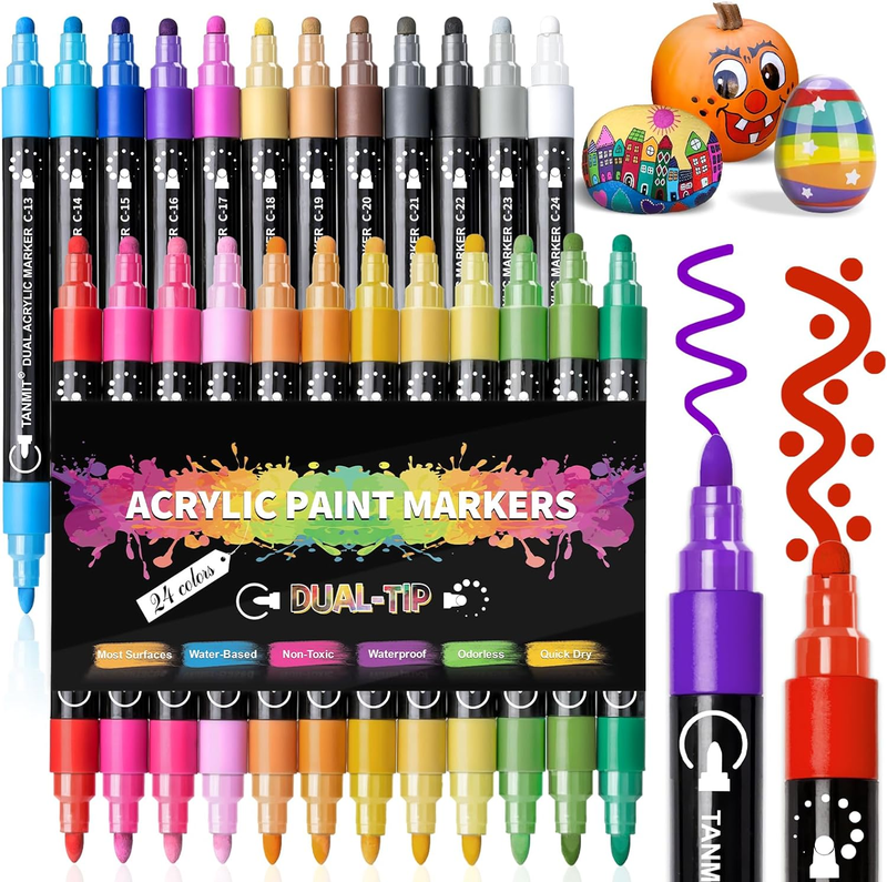 Acrylic Paint Pens Markers, 24 Colors Dual Tip Acrylic Paint Pens for Rock Paint