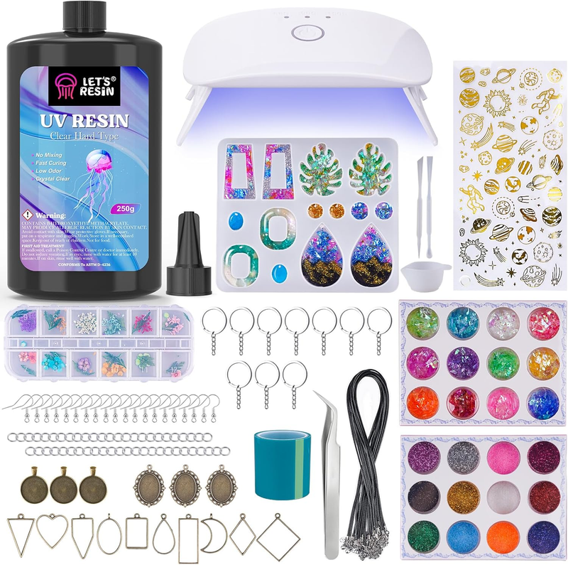 UV Resin Kit with UV Lamp, 153Pcs Resin Jewelry Making Kit | with 250G Crystal C