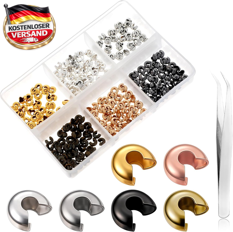 300 Stück Quetschperlen Set für Schmuckherstellung 4mm offene Rohrperlen in 6 Farben