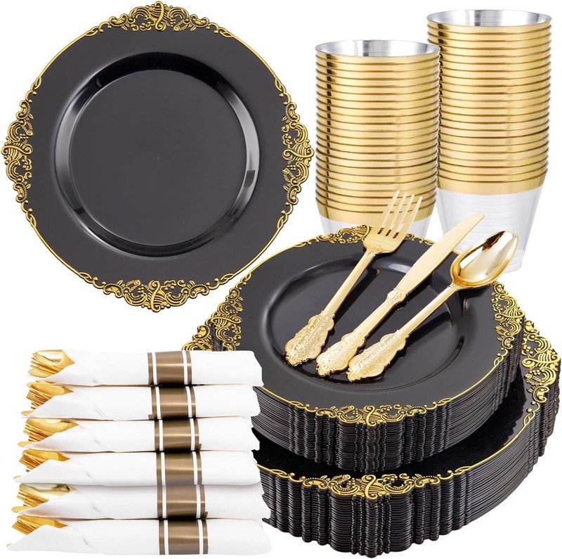 Stunning 175-Piece Purple and Gold Disposable Dinnerware Set - Elegant Party