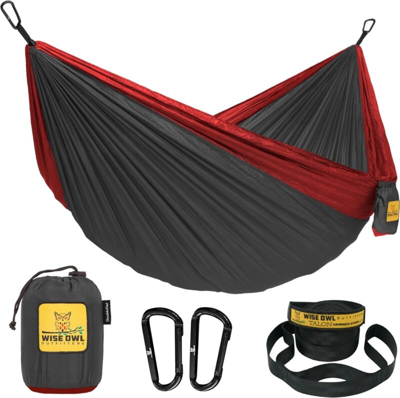 Wise Owl Outfitters Camping Hammock - Large, Charcoal & Red 