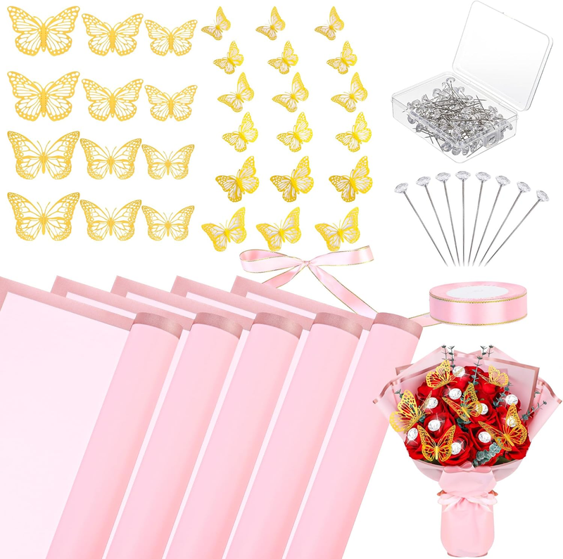 Kit Floral Bouquet Wrap Paper With 2 Rolls Ribbo