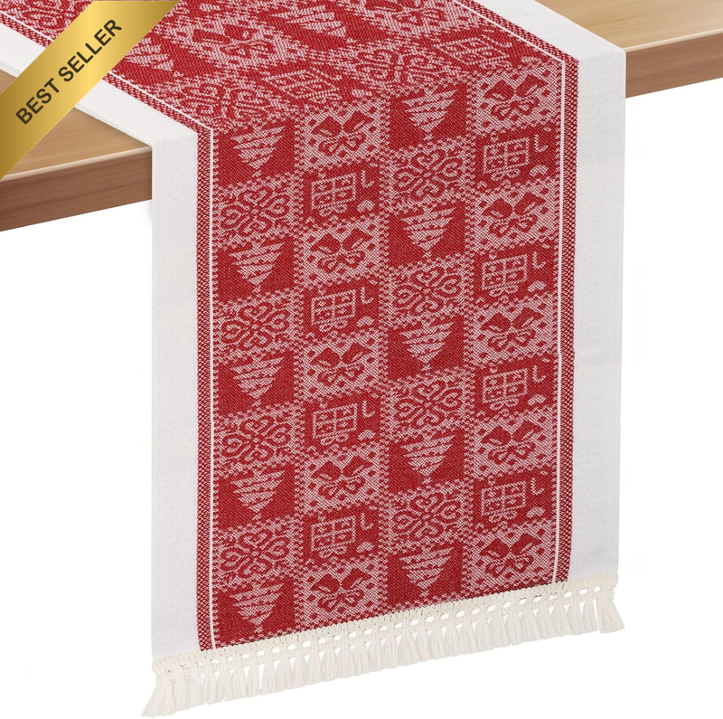 Christmas Table Runner 210x37cm Cotton Linen Tassel Festive Xmas Element