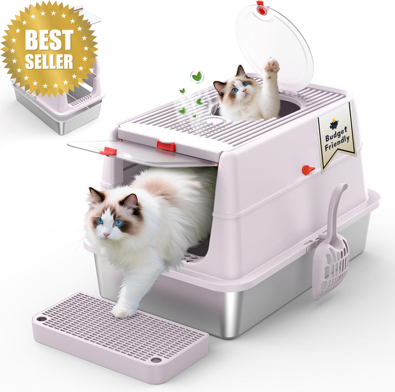 Stainless Steel Cat Litter Box with Lid, 160° Flip Top Kitty Litterbox, XL High