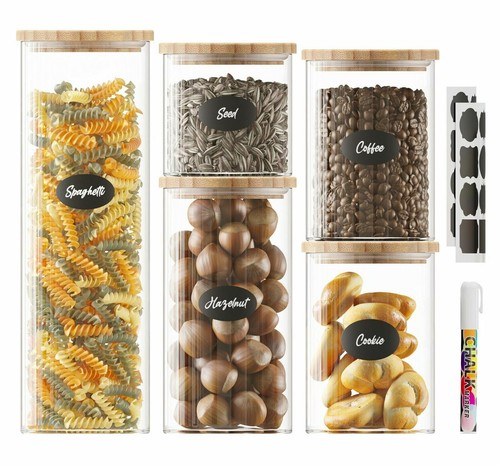 S Set Of 5, Airtight Food Jars Organic Bamboo Lids