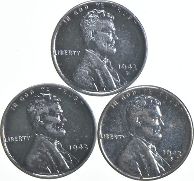 Wartime Steel Silver US 1943 P D S Set Lincoln Cent Coins WWII (3 Coins!)