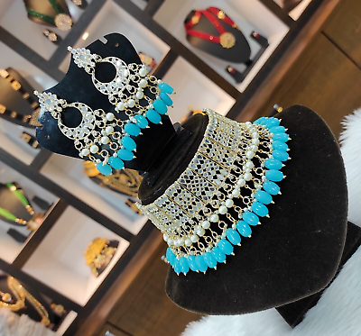 Indian Gold Plated Bollywood Style Glass Kundan Light Blue Necklace Jewelry Set