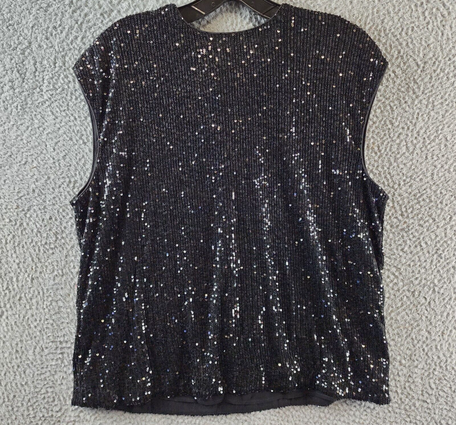 Calvin Klein Sequin Cap Sleeve Top Women's Large Black Back Zip Closure - Picture 2 of 15
