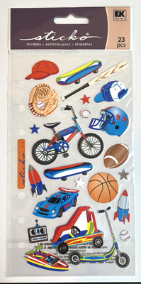 Sticko  Boy Toys  Classic Stickers, Sports Bike Boat Scooter Rocket, NEW!