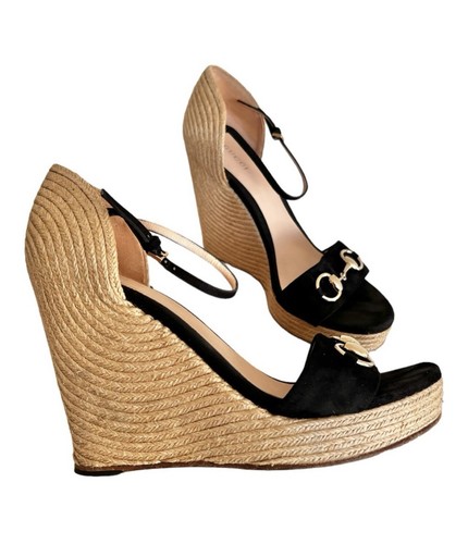 シューズ・サンダルその他 GUCCI Black sabots with transparent wedge Vintage Gucci Vitello Vernice Strap Ankle With Turquoise