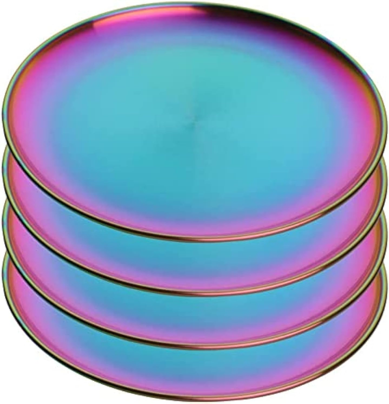 4 Pk Stainless Steel Rainbow Plate 30cm Metal Camping Serving Salad Kid Set