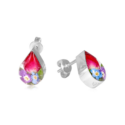Shrieking Violet - Mixed Flowers Silver Stud Teardrop Earrings in Gift Box