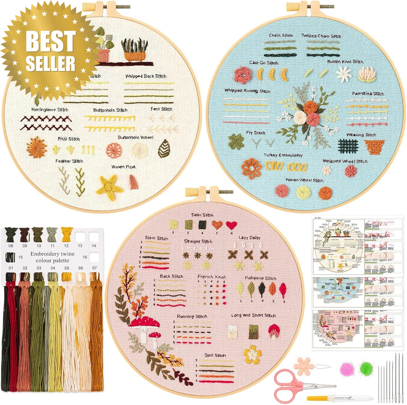3Sets Embroidery Kit for Beginner, Embroidery Stitch Practice Kit to Learn 30 Di
