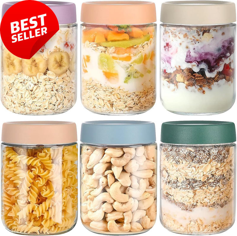 6 Pack 500ml Glass Overnight Oats Jars with Airtight Lids