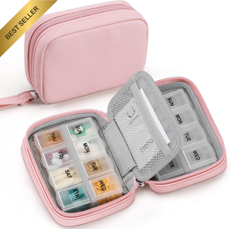 Cute Pill Organizer for Purse with Two Removable 7-Day Pill Box, Travel PU Leath