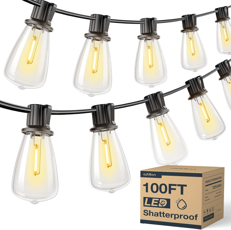 100FT (50FTx2) Outdoor String Lights Waterproof Shatterproof with 32 LED Edison