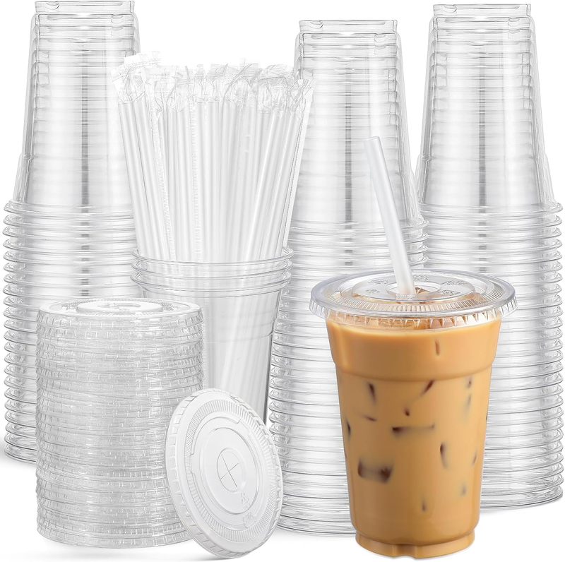 100 Sets 24Oz Clear Plastic Cups with Lids & Straws - Disposable for Cold Drinks