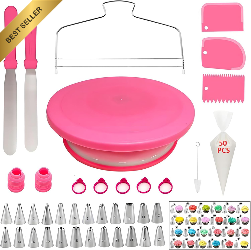 Cake Decorating Kit - 90 Piece Rotating Cake Table, 24 Numbered Icing Nozzles, 2