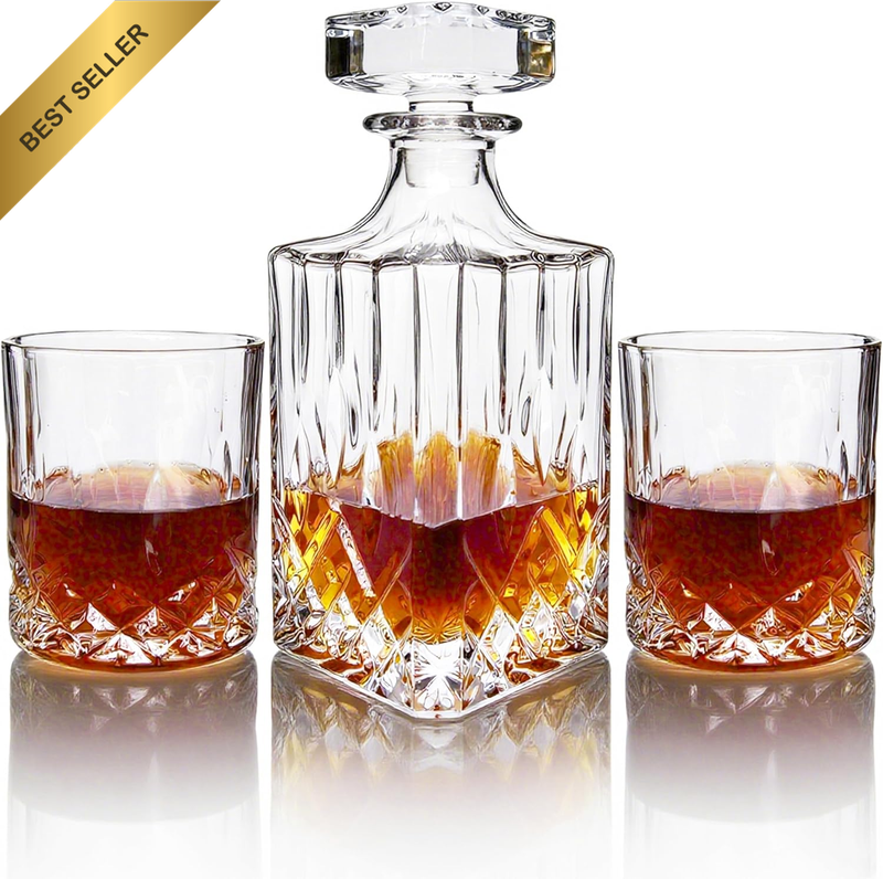 Crystal Whiskey Decanter Set with 2 Etched Glasses - 25 Oz Crystal Decanter for
