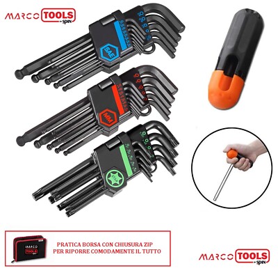 KIT 35 pz CHIAVINI PROLUNGATI ESAGONALI HEX METRICI SAE E TORX + IMPUGNATURA A T