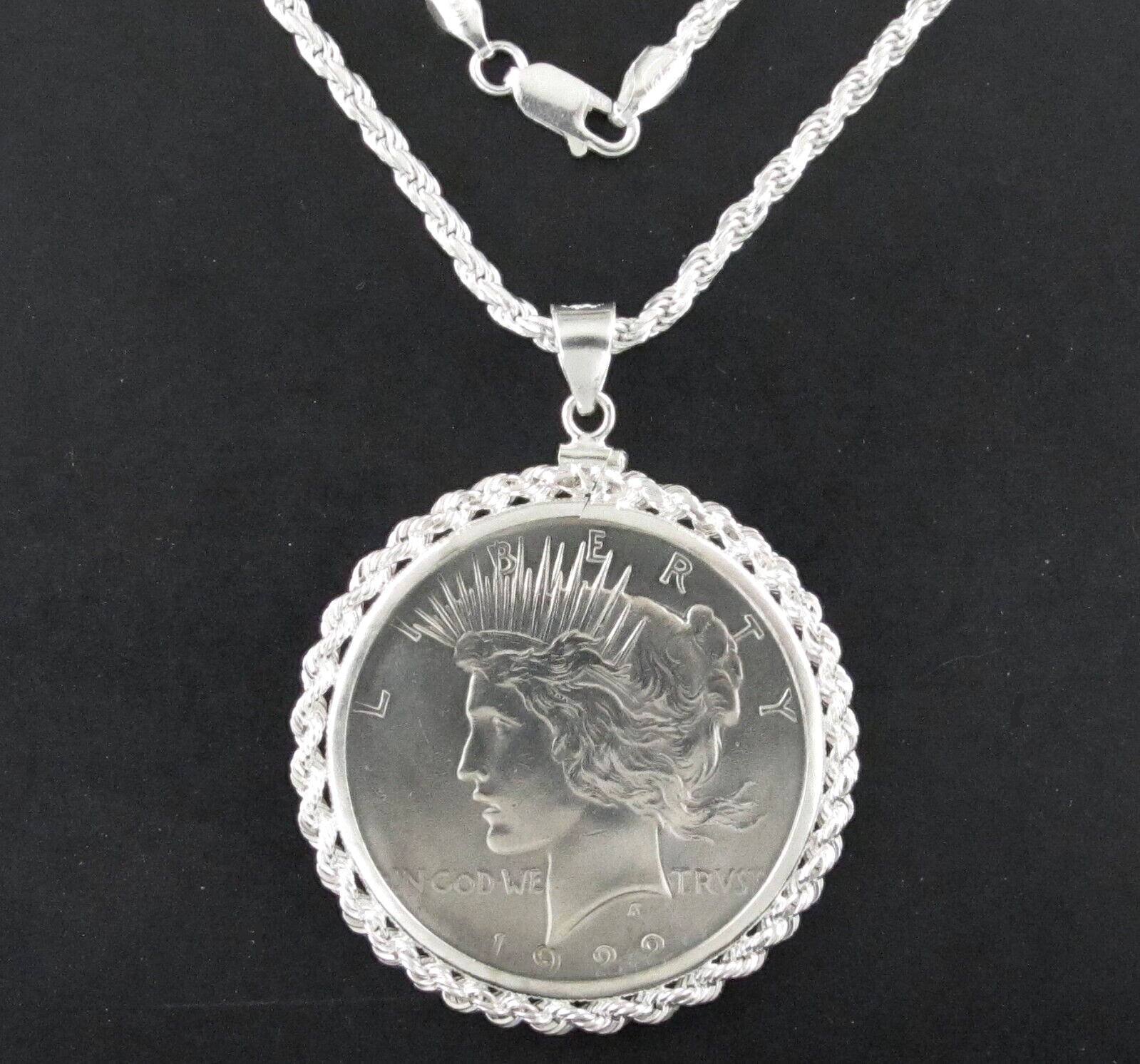 Coin Jewelry Gift Set Peace Silver Dollar Sterling Silver Rope Bezel  .925 Chain