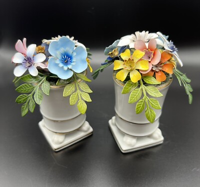 Vintage Pair Ted Arnold Brass & Enamel Flower Bouquet Porcelain White Urn Vases