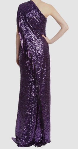 Pre-owned Badgley Mischka $990  Womens Purple Sequin One-shoulder Fringed Gown Dress Size 0