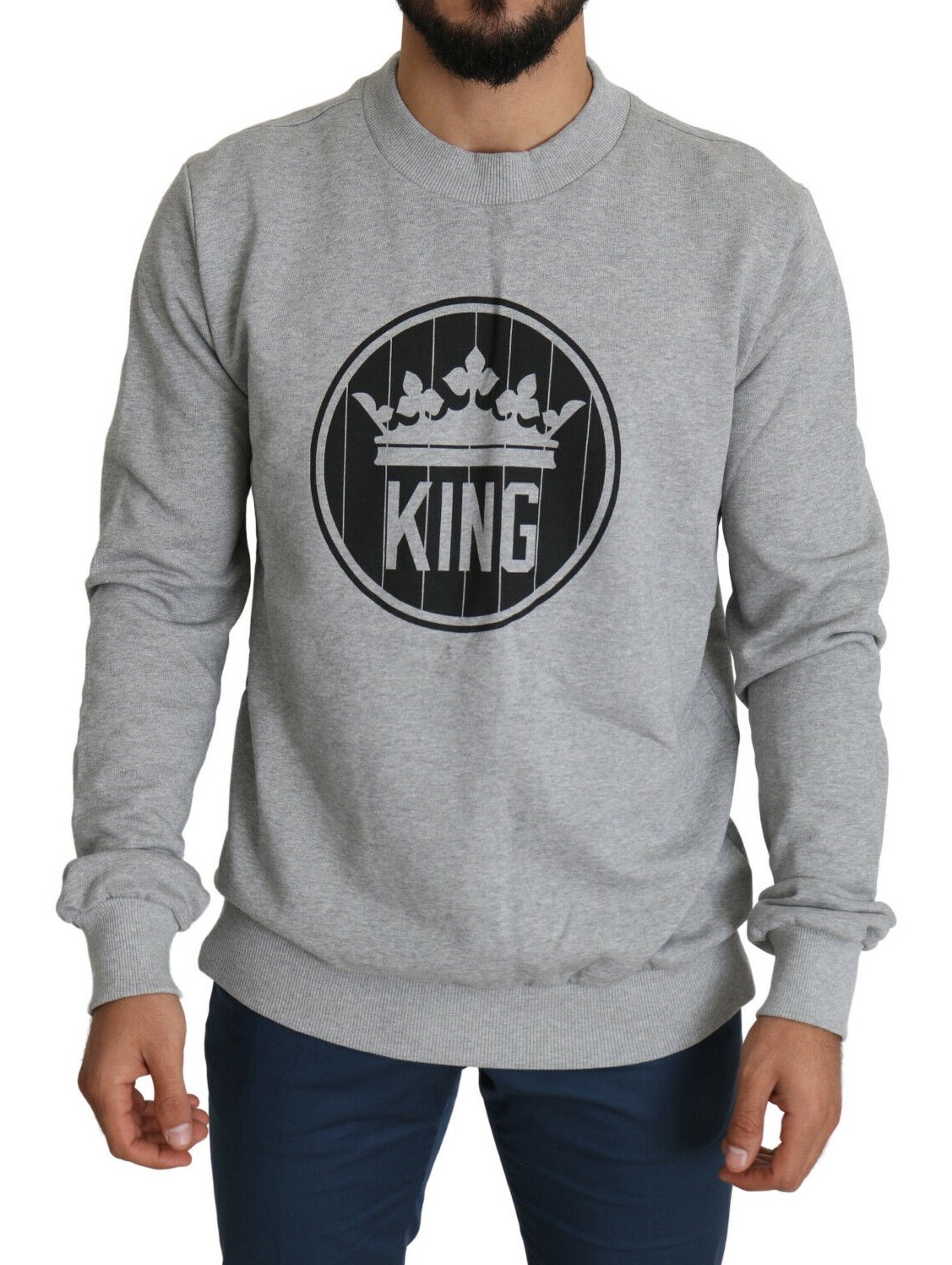 DOLCE & GABBANA Свитер Серый хлопковый пуловер с принтом Crown King IT56 / US46 / XXL