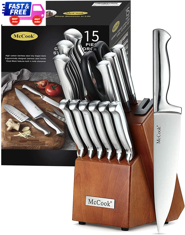 Kitchen Knife Set German Stainless Steel w/ Block & Built-In Sharpener