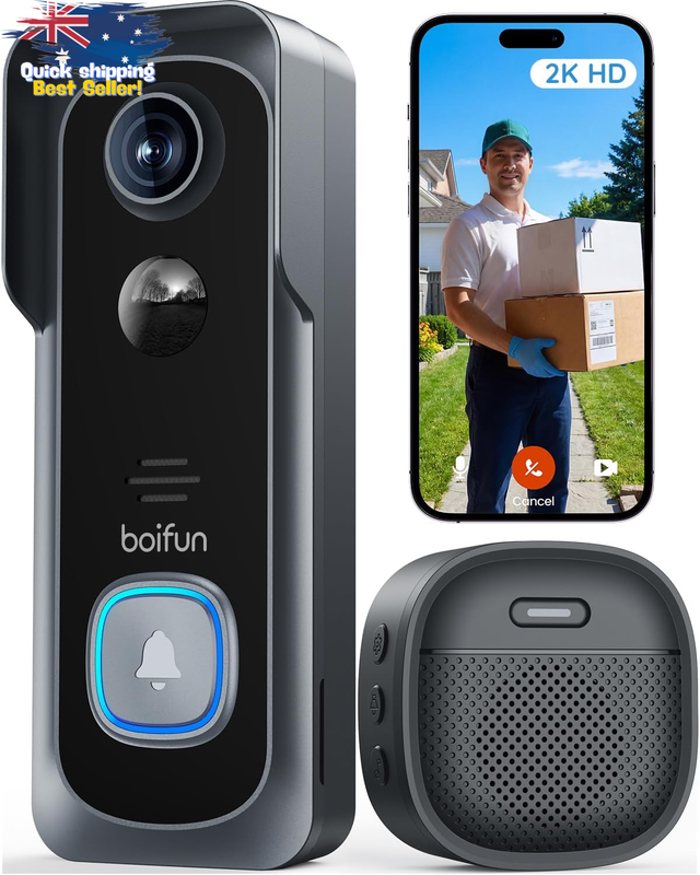 2K 3MP Wireless Doorbell Camera, No Subscription, Black, Night Vision