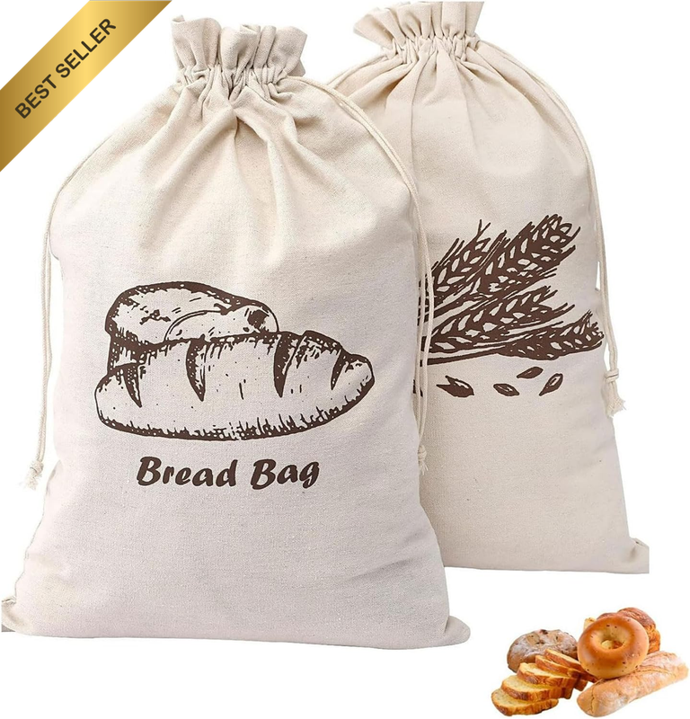 Bread Bag, 2 Pieces Linen Bread Bags for Homemade Bread Container, Unbleached &