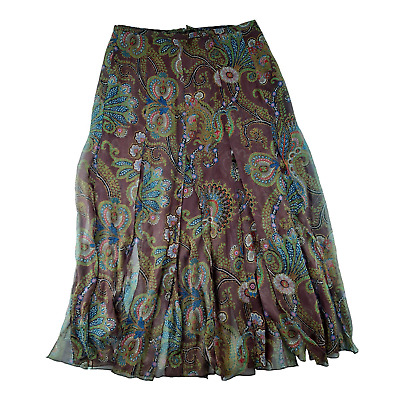 Vintage David Meister Brown Paisley 100% Silk Sheer Fringe Hem Midi Skirt 6