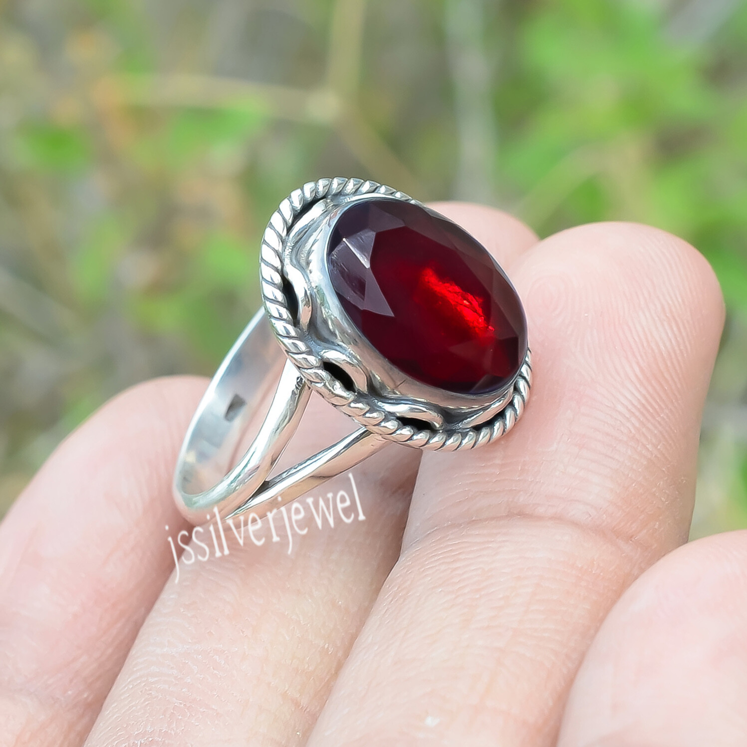 アクセサリー RED STONE SILVER925 Ring Mozambique Garnet Faceted Red Gemstone 925 Sterling Silver