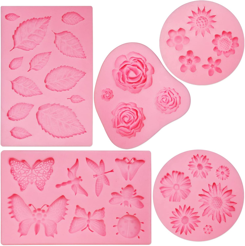 5 Pack Fondant Silicone Molds Set, Mini Butterfly/Flower/Leaves/Rose Silicone Mo