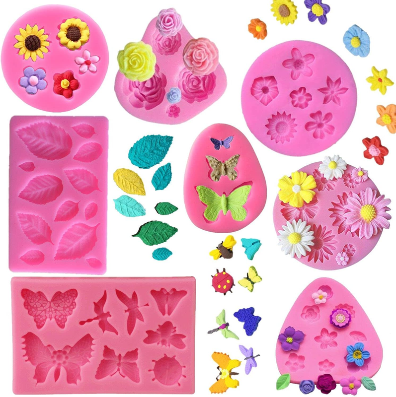 Silicone Cake Mold Set -8 Pcs, Rose Butterfly Daisy Rose Leaf and Mini Flowers F