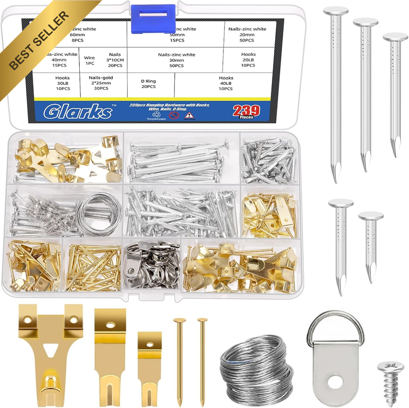 279Pcs Picture Hanging Kit, Hanging Hardware with Hooks, Wire, Nails, D Ring, Wa