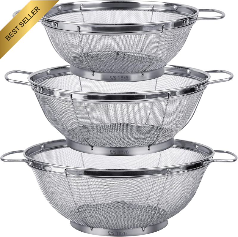 3 Pack Stainless Steel Colander Sieves, Mesh Strainer Net Baskets with Handles &