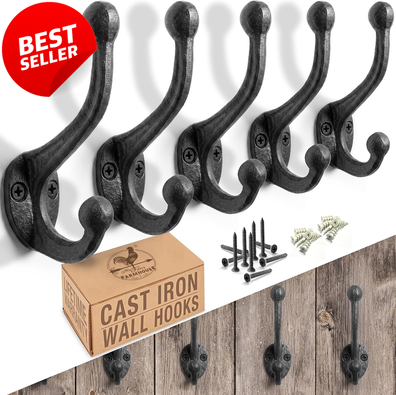 5 Pack Rustic Cast Iron Coat Hooks Wall Mounted Farmhouse Vintage Black - US