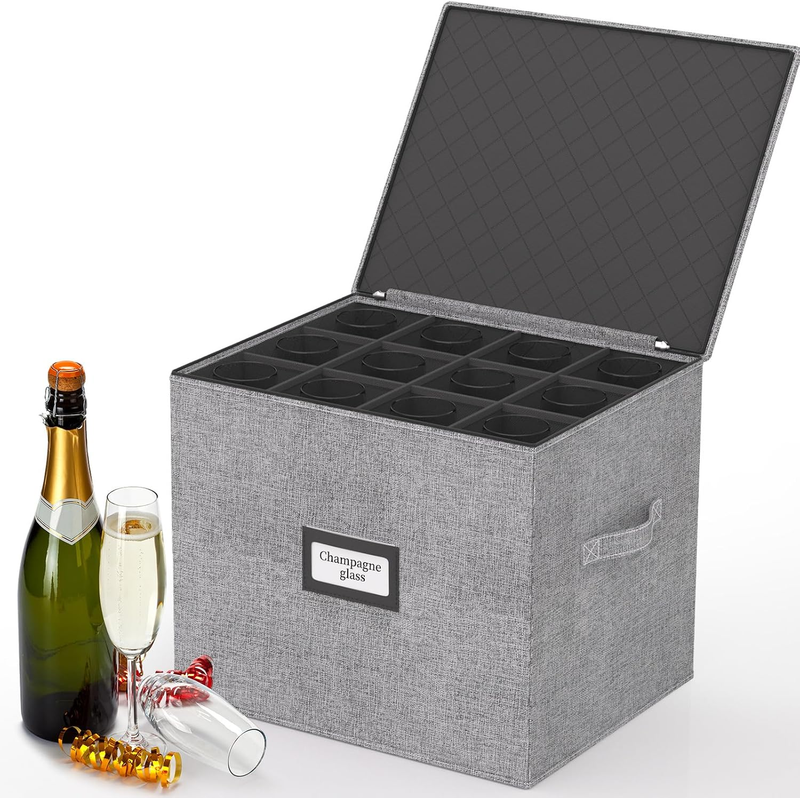 Durable Grey Foldable Champagne Flute Storage Box, Hard Shell Stemware Storage C