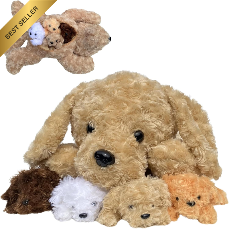 Plush Labradoodle Mom Dog & 4 Puppies Set Soft Stuffed Animal Gift Bag